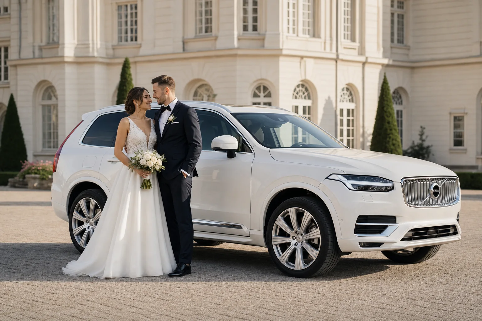 Para młoda przy białym Volvo XC90 Inscription przed eleganckim obiektem