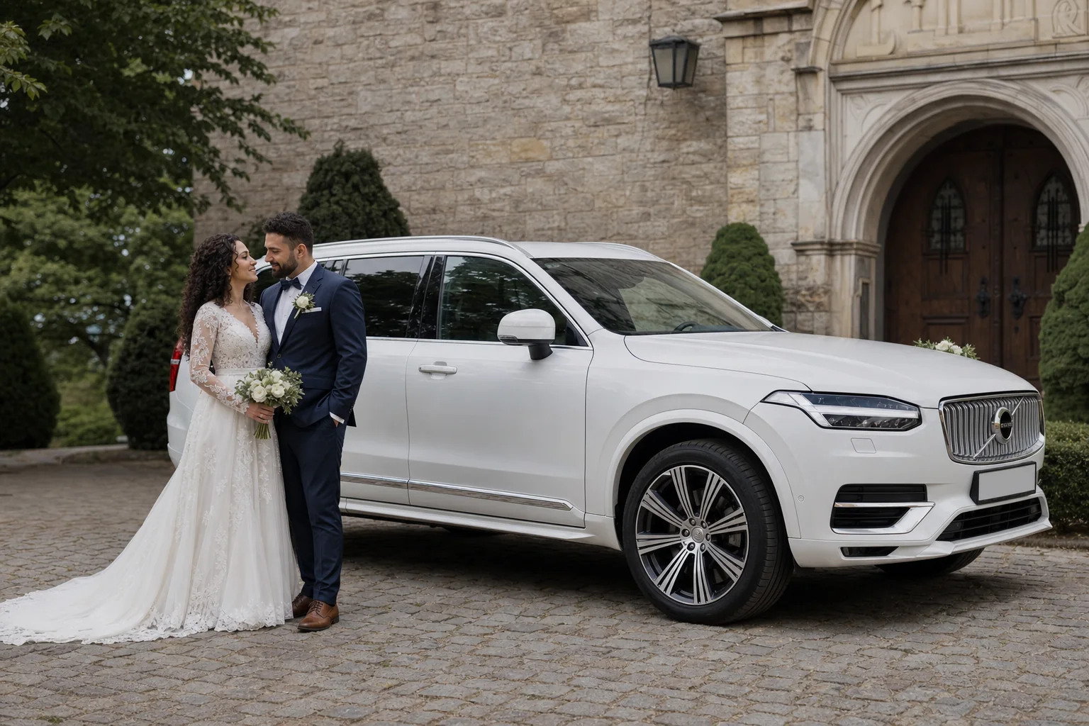 Para młoda przy białym Volvo XC90 Inscription pod kamiennym wejściem