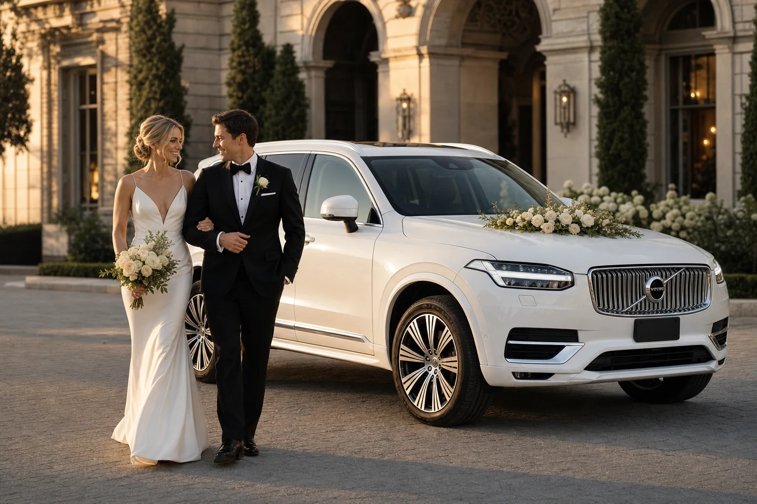 Para młoda idzie obok białego Volvo XC90 z jasną dekoracją