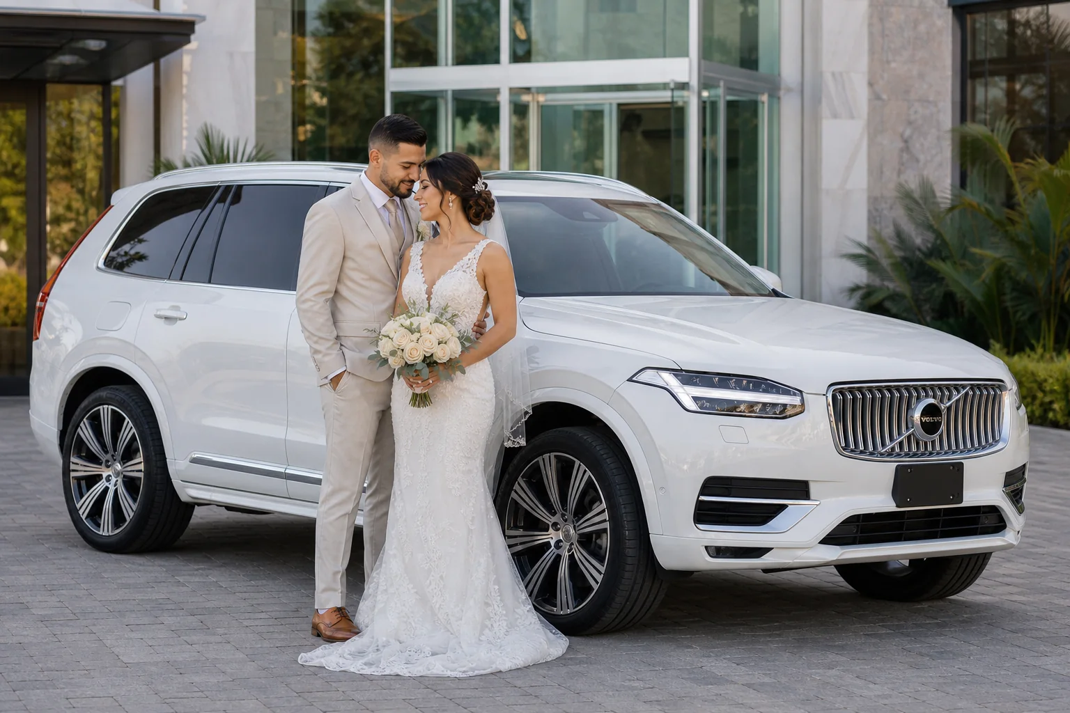 Para młoda przy białym Volvo XC90 przed nowoczesnym wejściem
