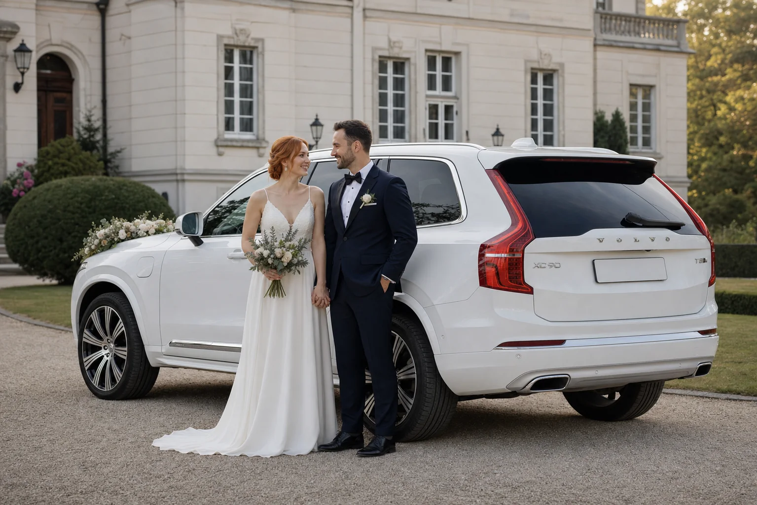 Para młoda przy białym Volvo XC90 na podjeździe pałacowym