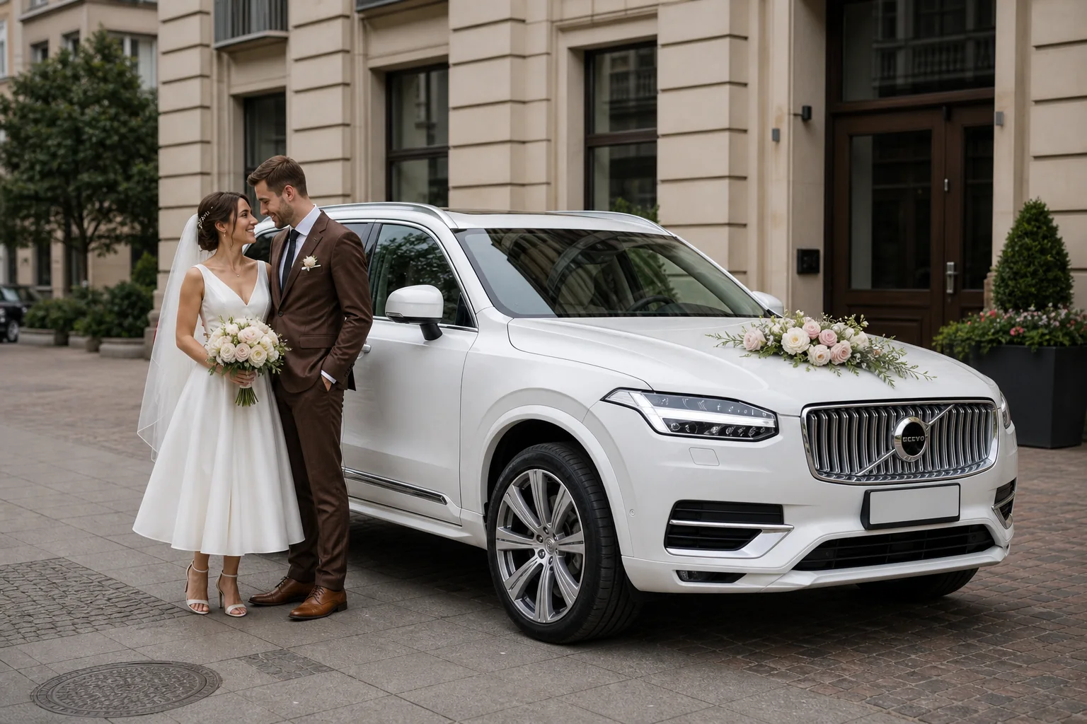 Para młoda przy białym Volvo XC90 przed miejskim wejściem