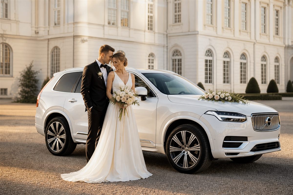 Para młoda przy białym Volvo XC90 Inscription przygotowanym do ślubu