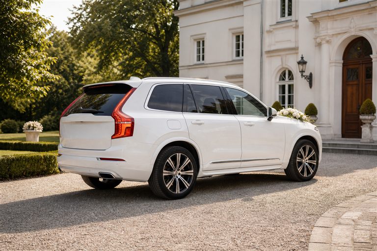 Białe Volvo XC90 przy eleganckim obiekcie weselnym